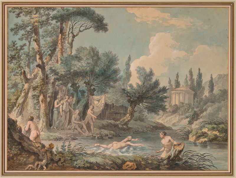 Nudes in a Landscape de Jean-Jacques-François Lebarbier, representando figuras desnudas en un entorno natural.