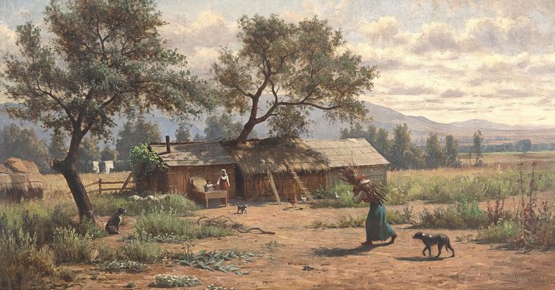 Settlement in the Napa Valley, pintura al óleo de Virgil Williams, que muestra colinas y una granja.