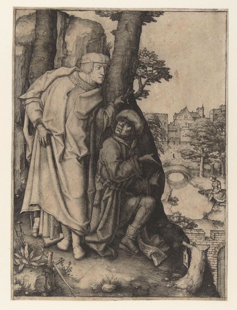 Gravura de Lucas van Leyden retratando Suzanna e os anciãos com luz e sombra intrincadas.