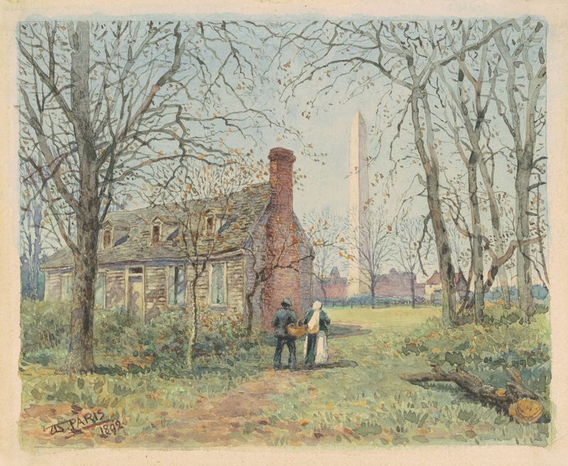 David Burns’s Cottage and the Washington Monument, oil painting by Walter Paris