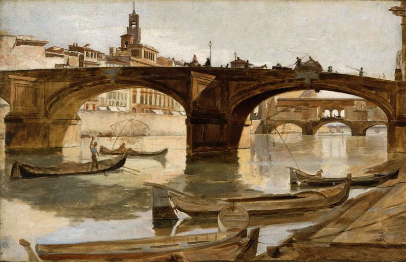 The Bridges, Florence by Frank Duveneck, oil on canvas depicting a Tuscan landscape.