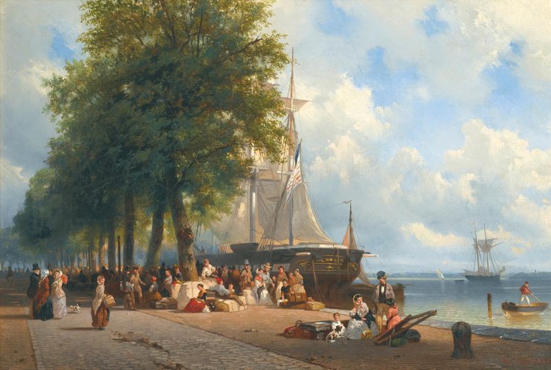 Os Emigrantes, óleo sobre tela de Frans Breuhaus De Groot, retratando figuras em uma jornada.