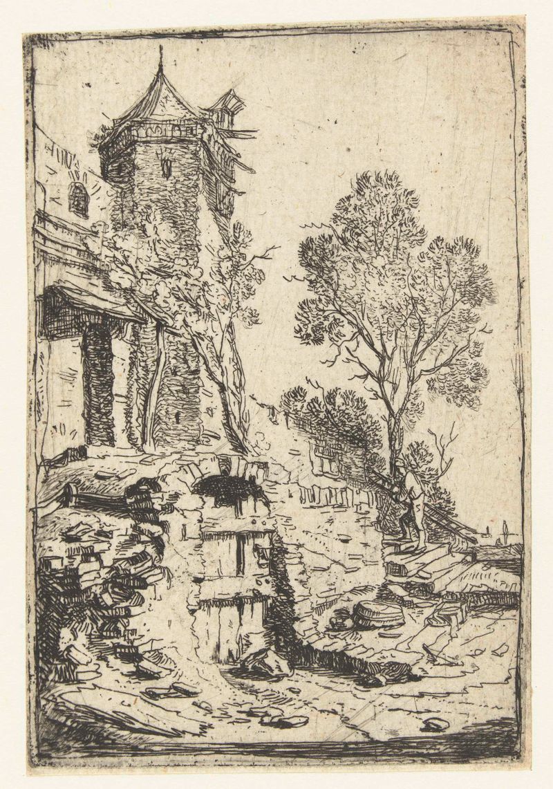 Etching by Bartholomeus Breenbergh depicting a dilapidated house and hexagonal tower