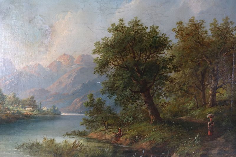 Landschaft in de Steiermark by Eduard Boehm, oil on canvas depicting rolling hills and a soft sky.