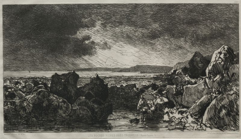 Black Rocks near Trouville, óleo sobre tela de Maxime Lalanne, mostrando rochas e costa na maré baixa.