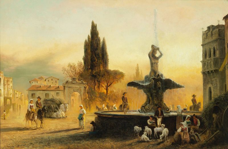 Paisagem da Piazza Barberini em Roma de Albert Arnz, pintura a óleo