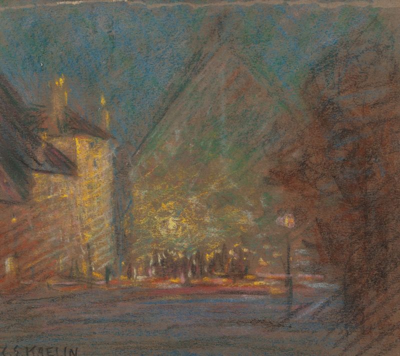Nocturne by Charles Salis Kaelin, oil painting depicting a night landscape with light and shadow.