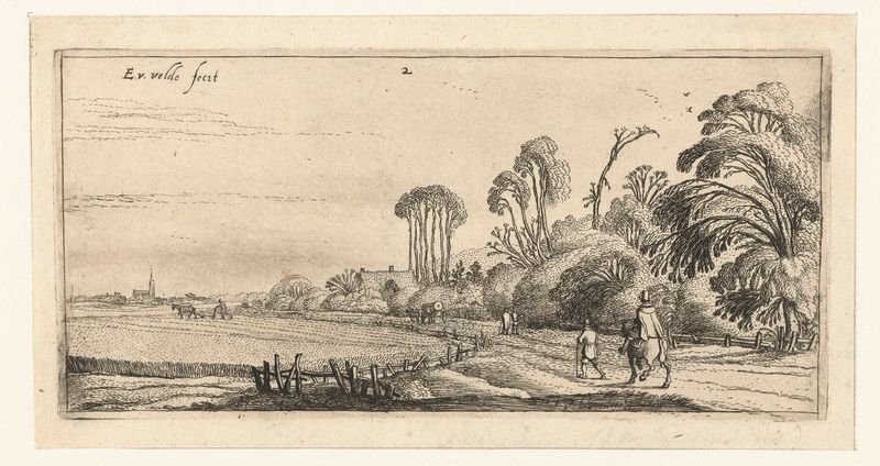 Grabado de Esaias van de Velde que muestra un paisaje con un jinete y un caminante en un camino