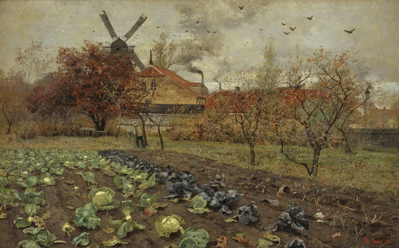 View of Amerikavej in Copenhagen de Frits Thaulow, óleo sobre tela mostrando luz do sol através das árvores.