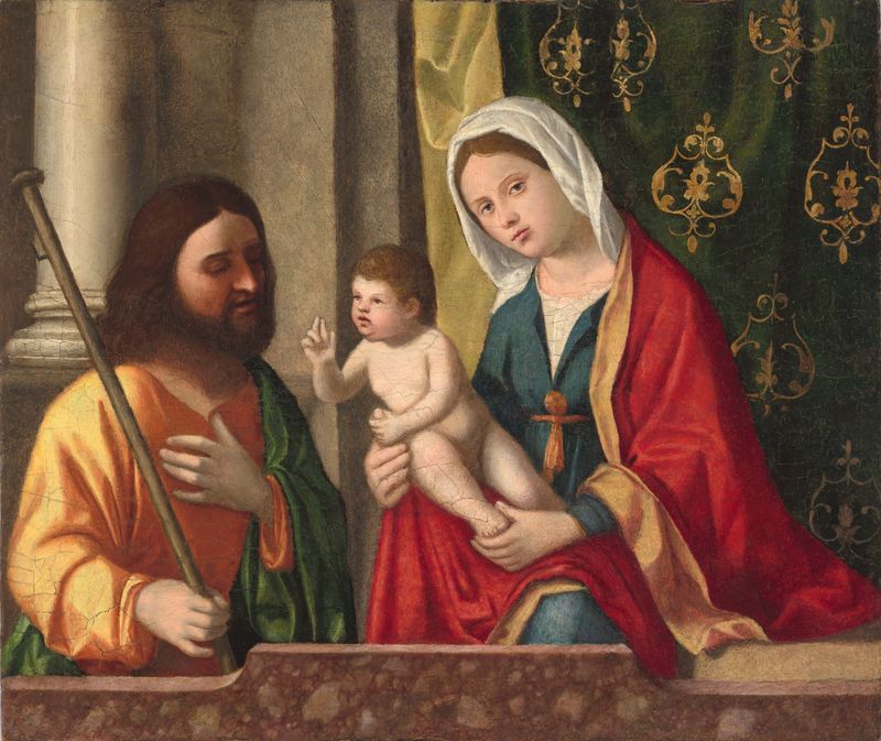 A Virgem e o Menino com São Tiago Maior, têmpera sobre painel de Andrea Previtali