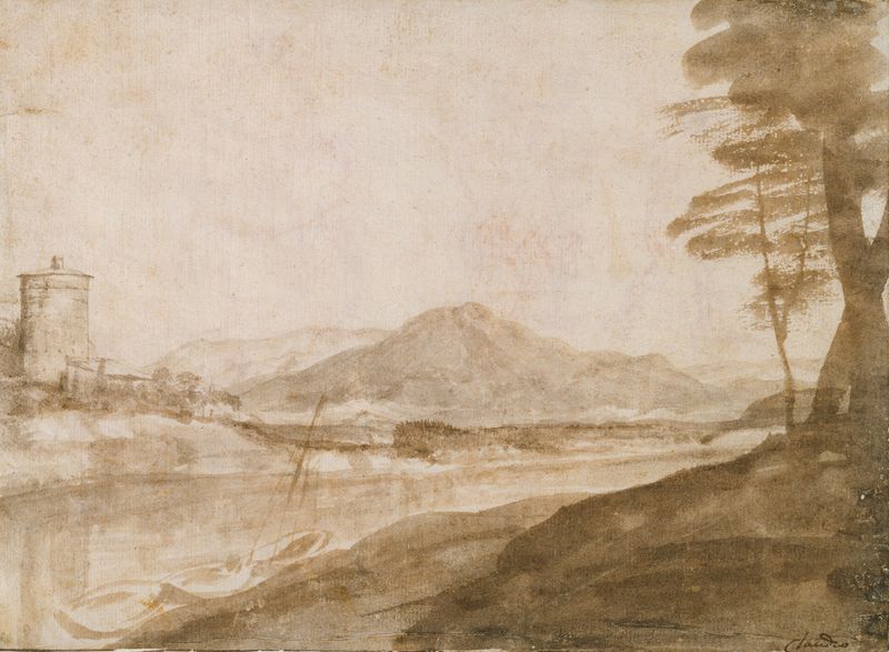 Paisagem de Claude Lorrain, óleo sobre tela, apresentando um rio e colinas iluminadas pela luz do sol.