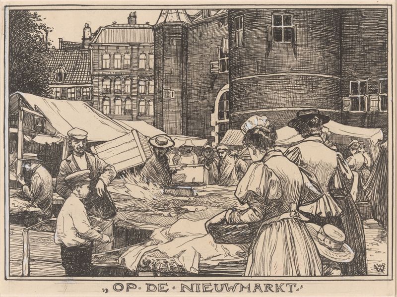 Escena de género que representa un bullicioso mercado en Ámsterdam por Willem Wenckebach, óleo sobre lienzo