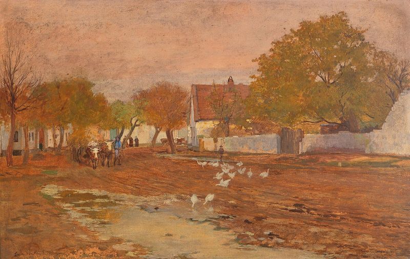 Village Street by Hugo Charlemont, oil on canvas depicting a rainy village alley