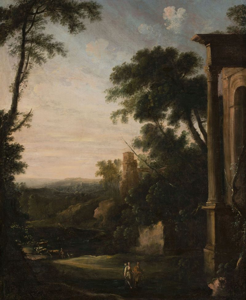Landscape with architecture and staffage, oil on canvas by Pierre Antoine Patel the younger