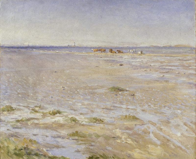 Coastal scene by Nils Kreuger, oil on canvas depicting waves and horizon.