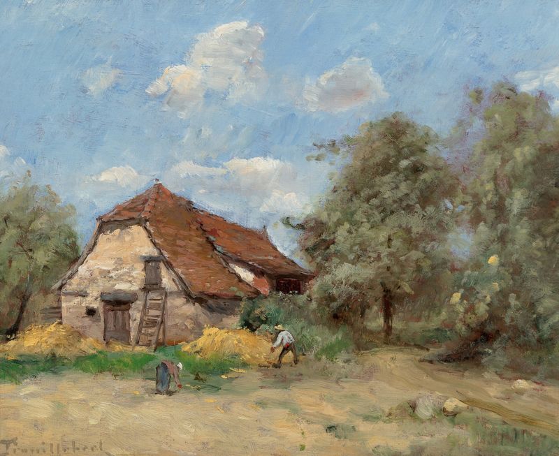 Oil painting by Paul Désiré Trouillebert depicting a farmer with a scythe in a field.