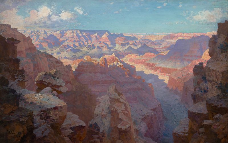 Pintura a óleo Grand Canyon de William Robinson Leigh retratando penhascos acidentados e luz dourada