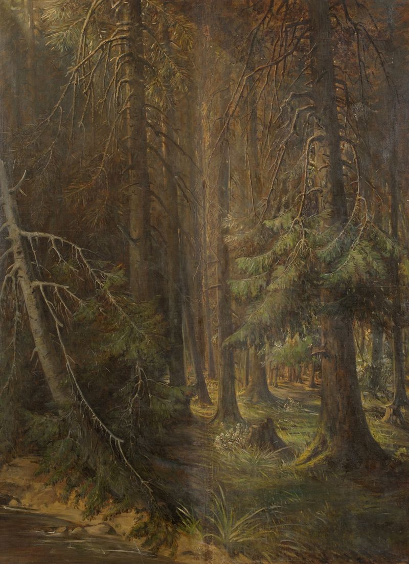 Paisaje de bosque de Julie Wilhelmine Hagen-Schwarz, pintura al óleo que representa árboles y follaje serenos.