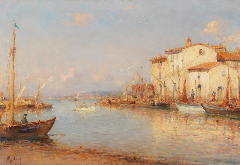 A View of a Southern Harbour by Henry Malfroy, impressionism, depicting boats on tranquil waters