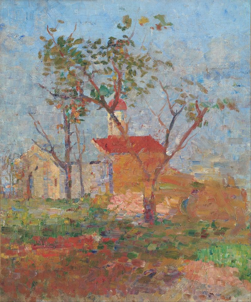 The Church of St. Sava by Kosta Miličević, oil on canvas, featuring warm light and intricate architecture.