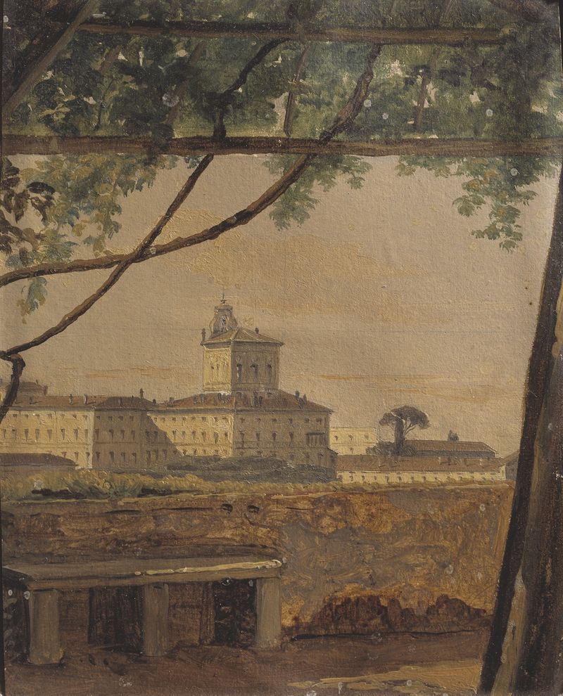 Landscape depicting Quirinal Palace with lush greenery, oil painting by Gustaf Söderberg.