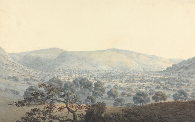 Distant view of Llandrillo, watercolor on paper by Moses Griffith, featuring rolling hills and a tranquil sky.