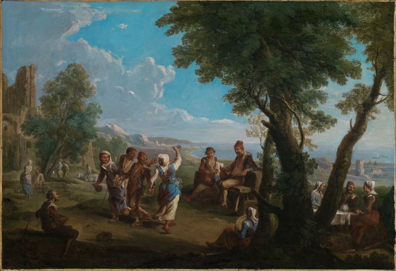 Cena de gênero rococó de Paolo Monaldi representando uma dança em uma costa italiana.