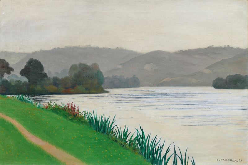 Seine at Tournedos, pintura al óleo de Félix Vallotton que representa un río tranquilo al atardecer.