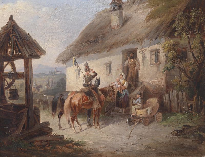 Uhlans and a soldier beside a horse in an oil painting by Carl Martin Ebersberg