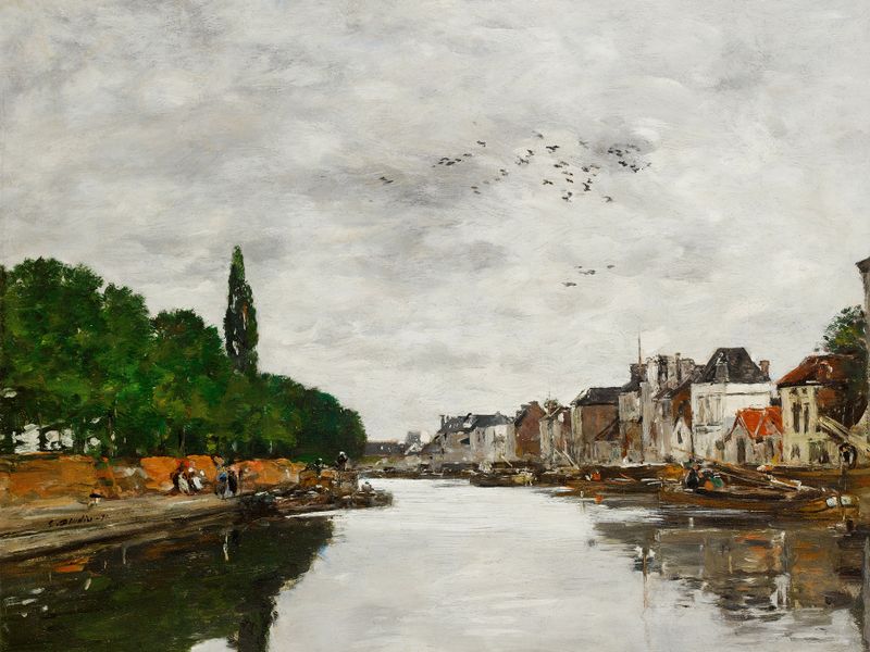 Canal aux environs de Bruxelles de Eugène Boudin, óleo de un canal tranquilo con botes y sauces.