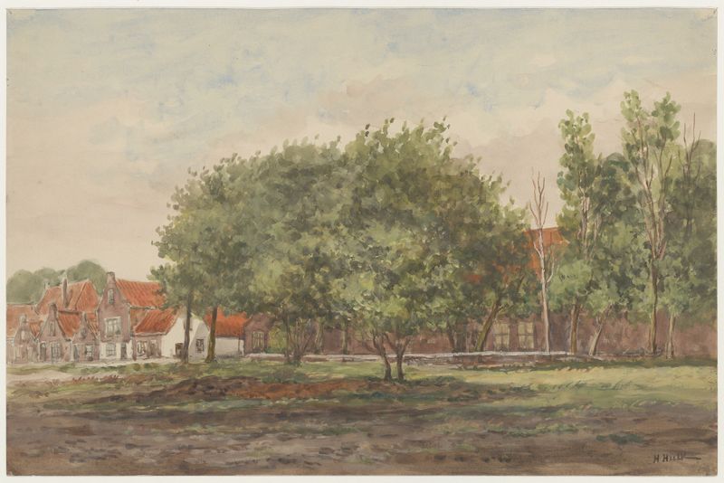 Landscape oil painting by Hendrik Hulk depicting a canal with reflections