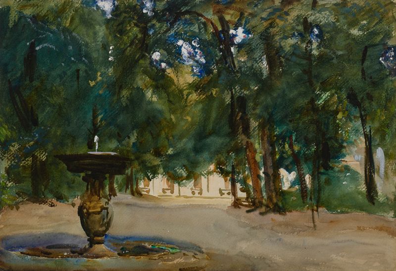 Villa Torlonia de John Singer Sargent, pintura al óleo que muestra vegetación exuberante y luz dinámica.