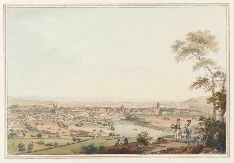 Landscape depicting Swiss houses at dawn, oil painting by Johann Ludwig Aberli