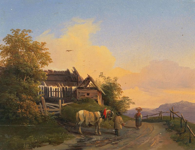 Paisaje al atardecer con luces cálidas de casas, de Ignaz Raffalt, medio desconocido.