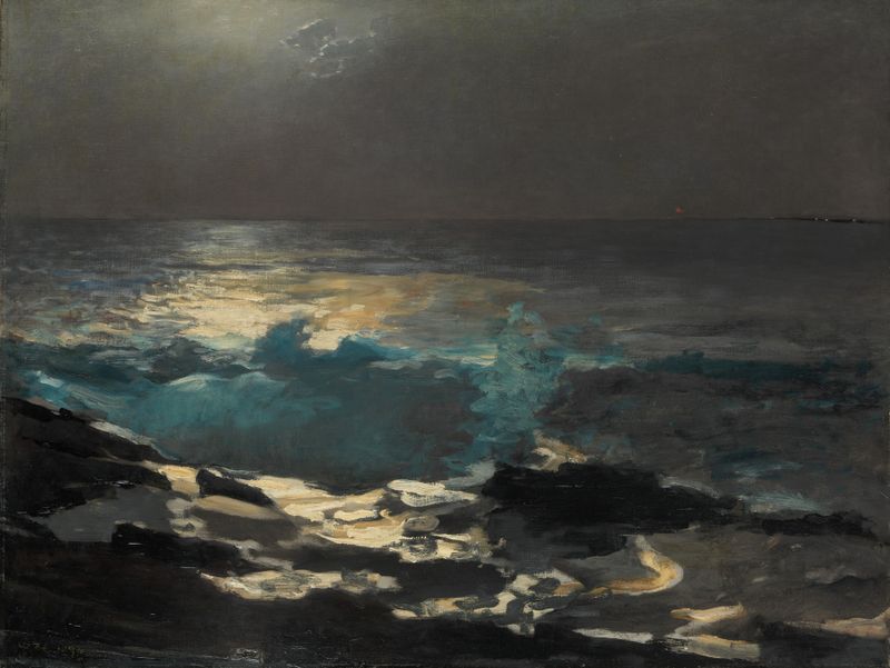 Moonlight, Wood Island Light by Winslow Homer, oil painting depicting a tranquil night sky with a lighthouse.