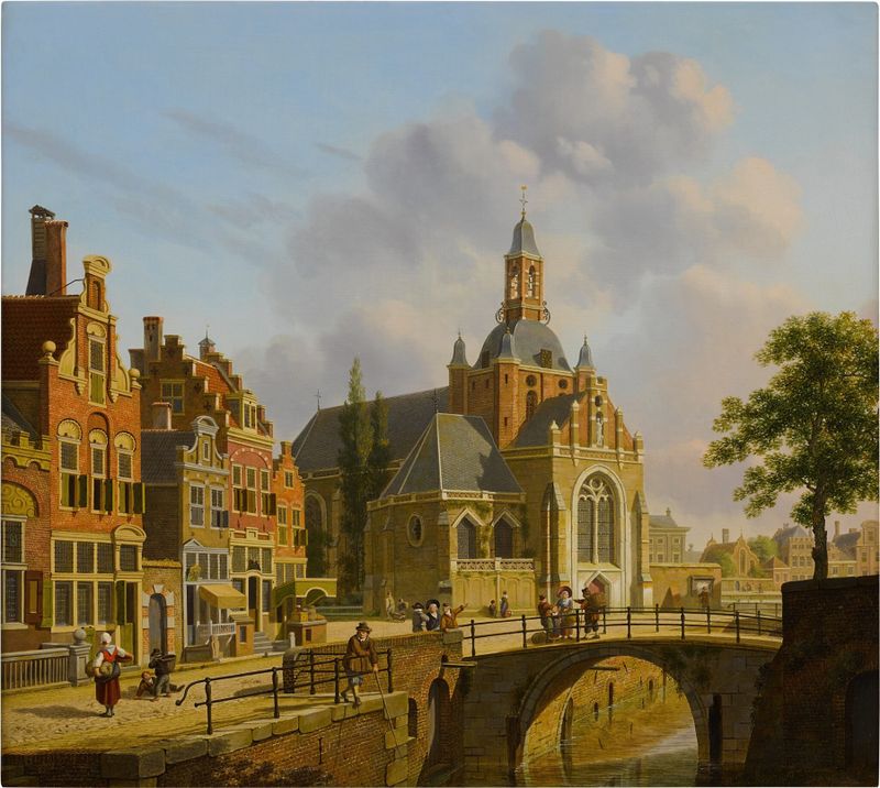 A serene landscape with a church and canal, oil painting by Jan Hendrik Verheijen
