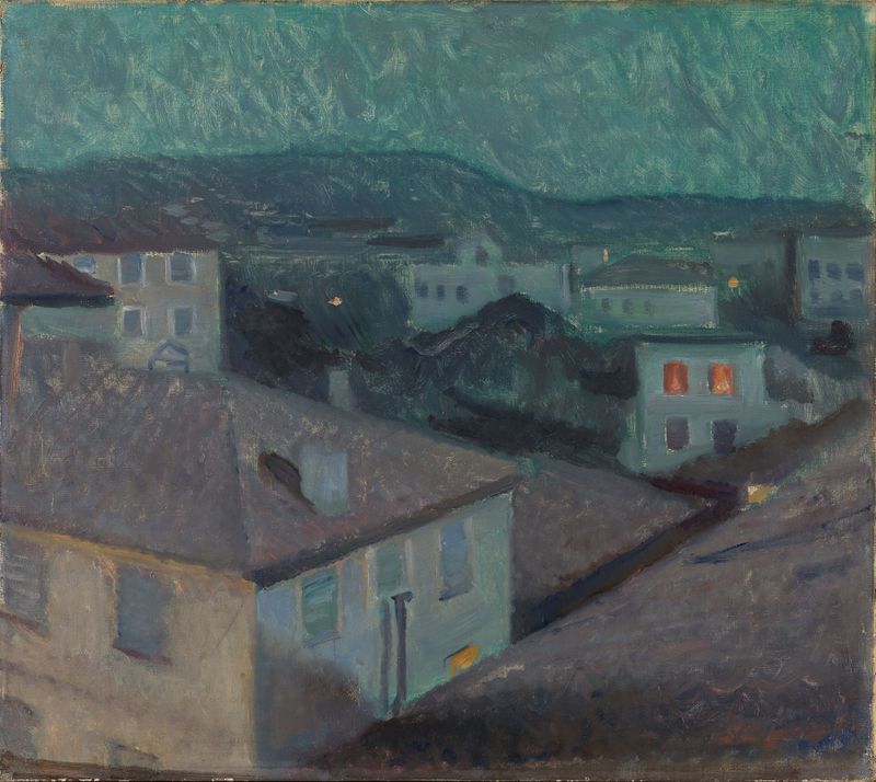 Noite em Nice de Edvard Munch, óleo sobre tela que retrata uma paisagem ao crepúsculo com azuis profundos.