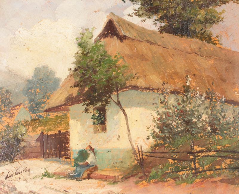 Obra de realismo que retrata uma casa de campo rústica ao amanhecer de Ágoston Ács