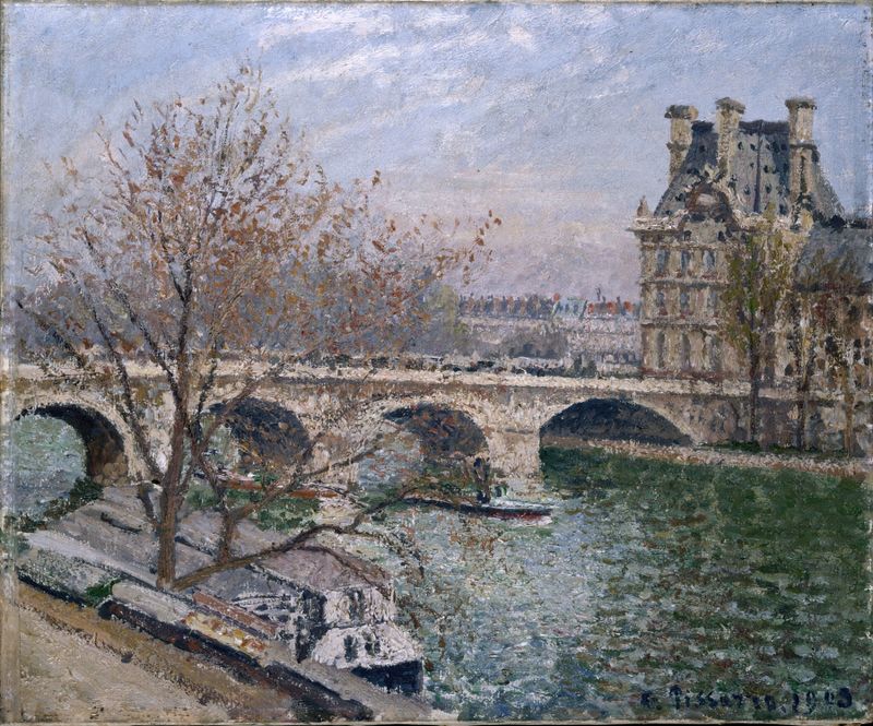 Le Pont Royal et le Pavillon de Flore de Camille Pissarro, óleo sobre tela mostrando uma ponte com reflexos na água