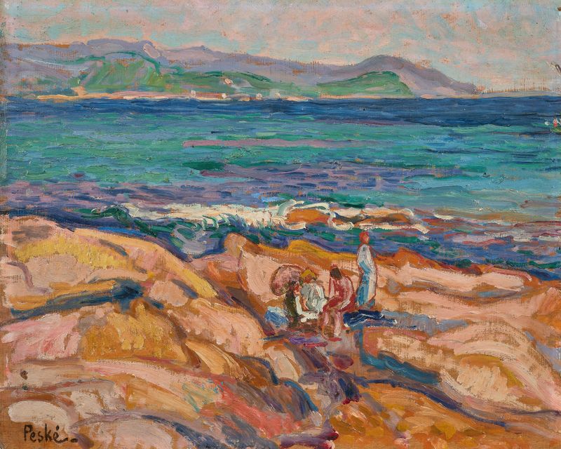Côte rocheuses, personnages by Jean Misceslas Peske, oil on canvas depicting figures by a rugged coastline.