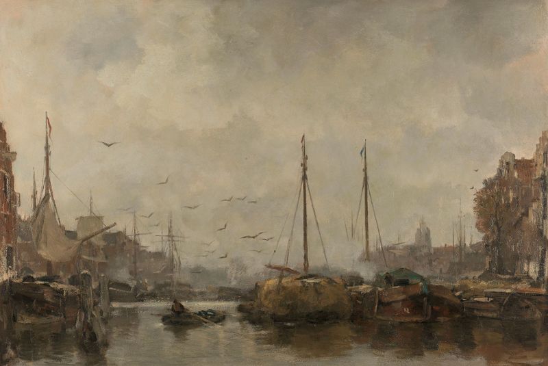 Cityscape de Jacob Maris, pintura al óleo que representa una bulliciosa escena urbana.