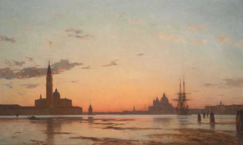 Twilight landscape of a canal in Venice by Amédée Rosier, oil painting