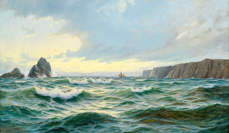 A rocky coastal landscape at early morning by Michael Zeno Diemer, oil painting