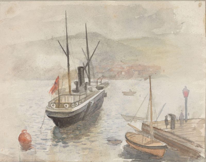 Oil on canvas by Frederik Collett depicting boats in a harbor