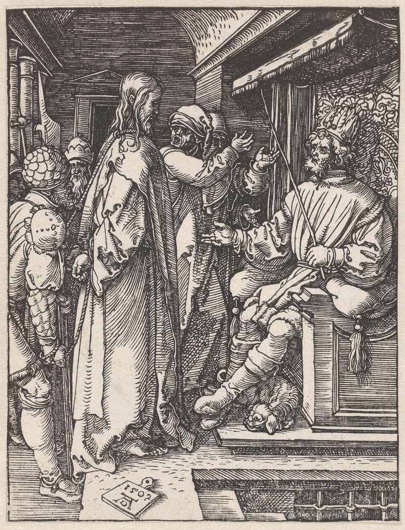 Christus voor Herodes de Albrecht Dürer, gravura em papel que retrata Cristo e Herodes em um momento tenso.