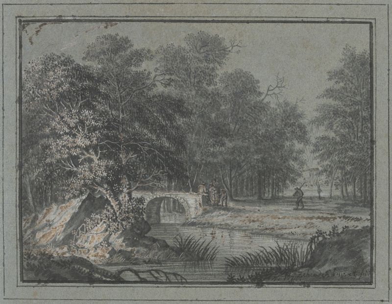 Wald mit Wasser und einer Brücke by Johann Caspar Zehender, oil on canvas depicting a bridge, forest, and figures