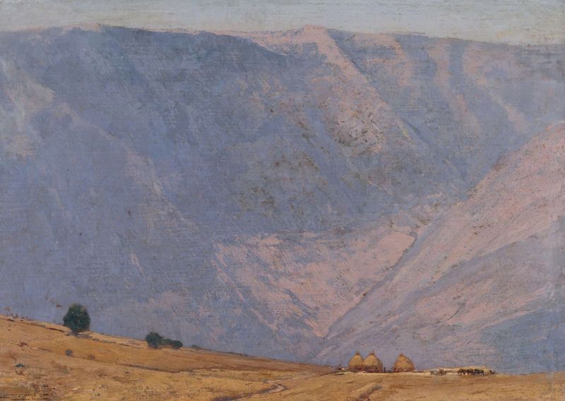 Landscape oil painting by Mariano Barbasán depicting fields and sunlight