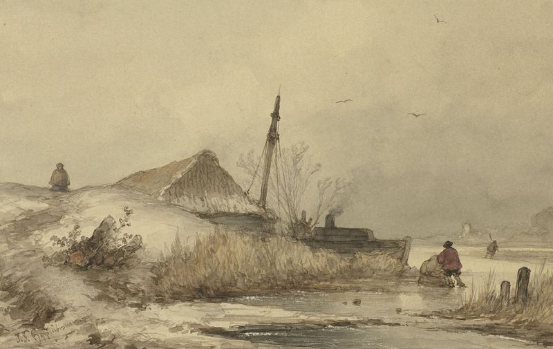 Winter landscape with farmhouse and river, oil on canvas by Johannes Franciscus Hoppenbrouwers