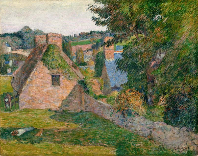 O Campo de Derout-Lollichon de Paul Gauguin, óleo sobre tela que retrata campos e colinas vibrantes.