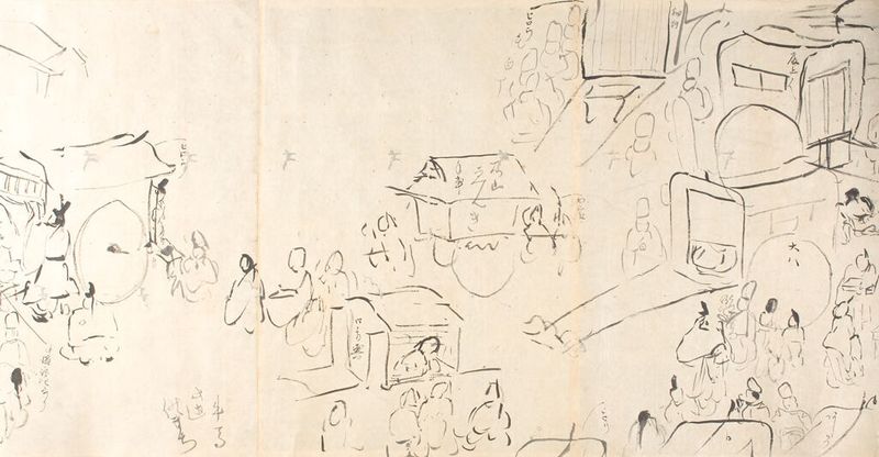 Ink on paper by Matsudaira Sadanobu depicting warriors and spirits in a historical scene